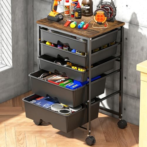 Rolling Cart with 5 Drawers for Craft, Art, Dorm, Office, Black by Goovilla