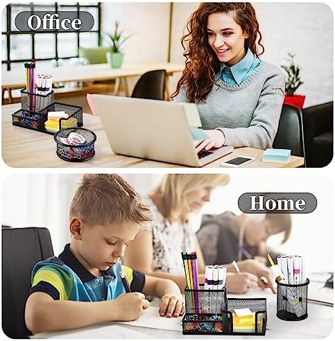 2-Piece Desk Pen & Pencil Organizer - Mesh Metal Pen Cup with Sticky Notes Holder, Black - Image 2