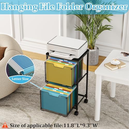 Rolling File Cart with 2 Storage Drawers, Mobile File Cabinet with Wheels, Hanging File Folder Organizer, Under Desk Storage, Printer Stand Utility Cart Filing Cabinet for Home Office,Black - Image 4