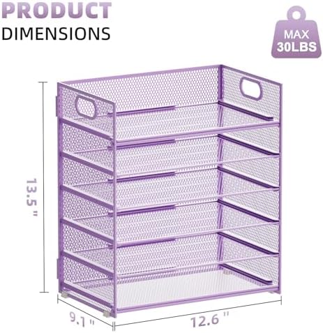 Marbrasse 6 Tier Paper Organizer Letter Tray - Mesh Desk File Organizer with Handle, Paper Sorter for Letter/A4 Office File Folder Holder - Purple - Image 3