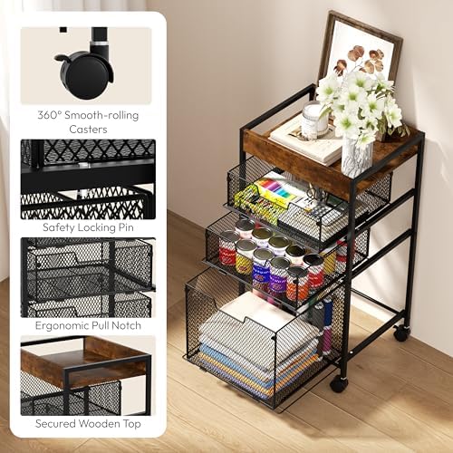 Rolling File Cart with Drawers - 4 Tier Under Desk Storage Craft Rolling Organizer Cart - Office Storage &Organization, Mobile Metal Filing Cabinet for Office and Home Espresso - Image 5