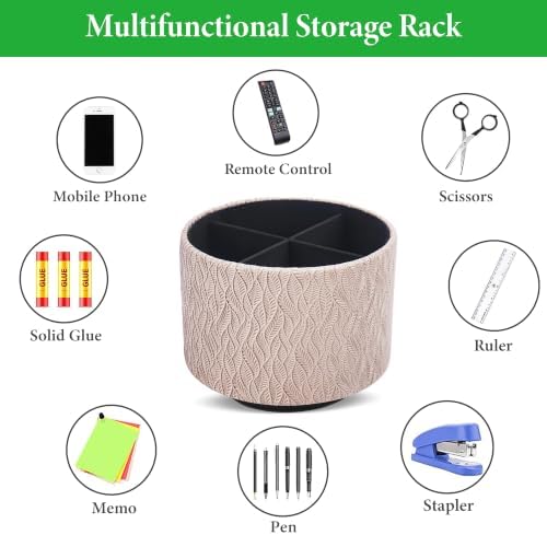 Round Leather Art Supply Organizer,Remote Control Holder,360 Degree Spinning,Multi-Functional Pencil Holder,4 Compartments Desktop Stationary Organizer(1-Leaves Flesh) - Image 5