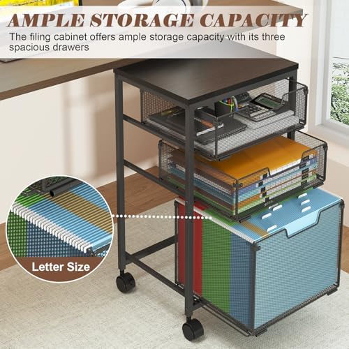 Rolling File Cart with 3 Drawers, Filing Cabinet, Hanging Folder Holder Organizer with Wheels, Under Desk Storage Utility Cart, File Cabinet Printer Stand for Home Office, Black - Image 3