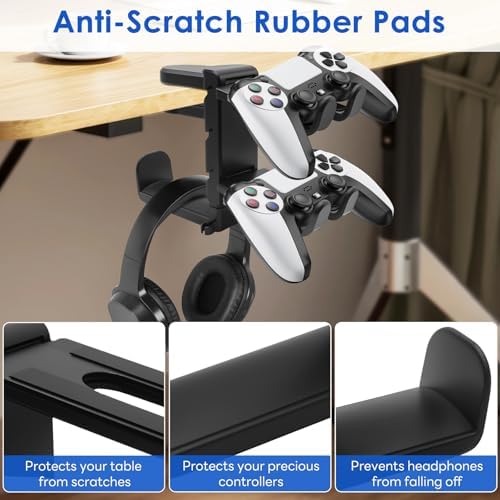 3 In 1 PC Gaming Headphone & Controller Stand Holder, Clamp On Headset Hanger with 360° Rotation Hook, Under Desk Cable Clip Organizer Earphone Storage Rack, Universal XBOX PS5 PS4 Switch Gift, Black - Image 4