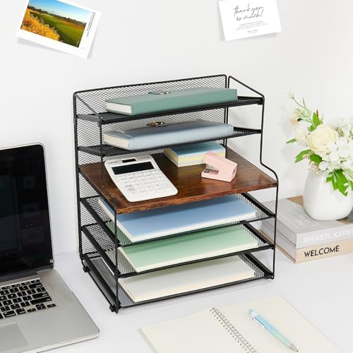 Desk Organizer, 6-Tier Paper Organizer Letter Tray, Brown Wood - Image 2