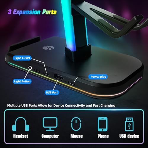 VCOM RGB Gaming Headphones Stand with 10 Light Modes, 4 Controller Holder with 1 USB & 2 Type-C Charging Ports,Headset Stand Suitable for All Earphone Accessories, Best Gift for Desk Gamers - Image 4