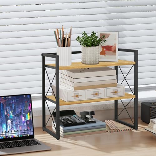Desktop Shelf Organizer, 2 Tier Office Shelves, Wood Desk Organizer Storage Rack and Freestanding Display Shelf for Office, Dormitory, Home (Black Wood) - Image 2