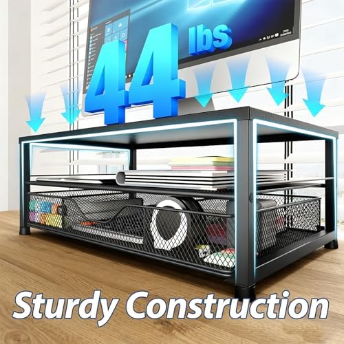 Desk Organizer and Accessories, 2-Tier Computer Monitor Stand Riser with Drawer and 2 Pen Holders, Laptop Stand, Office Desk Accessories for Office Supplies, Black - Image 5