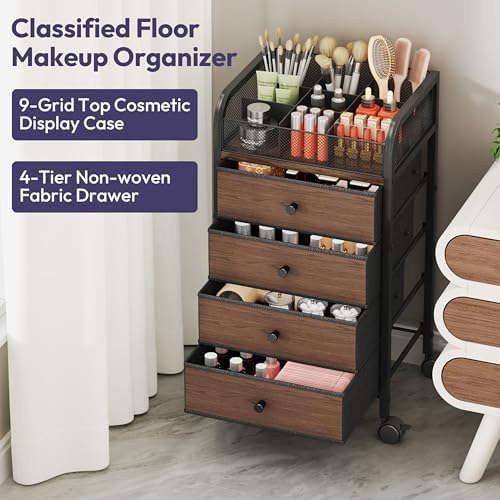 Rolling Makeup Organizer Cart - 14.96″*11.81″*27.55″ Widened Under Desk Vanity Storage with 4 Non-woven Drawers, Cosmetic Display Cases for Skin Care Perfume Nail Polish Brush Hair Tool Black - Image 6