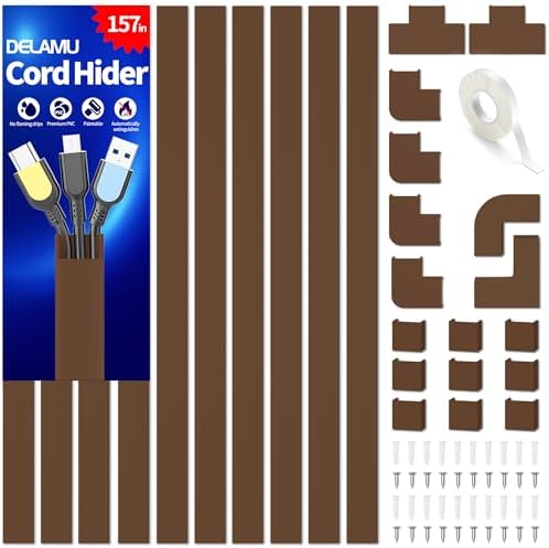 Wire Hider, 157in Delamu Cord Hider Wall, Paintable Wire Covers for Cords, TV Cable Hider Wall Kit, Cable Covers Raceway, Cable Management Hide TV Cords for Wall Mount TV, 10XL15.7 W0.95 H0.55in Brown by DELAMU