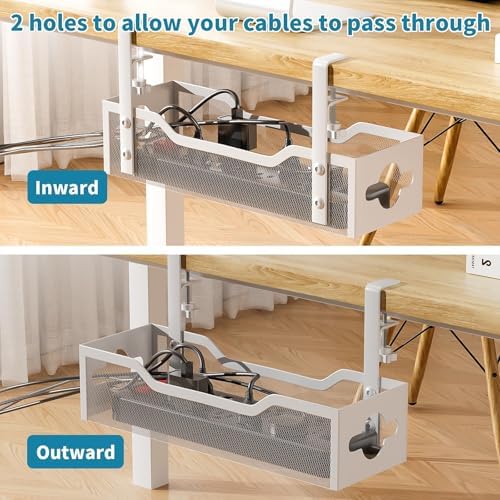 Under Desk Cable Management Tray No Drill, 13.38'' Metal Tray with Clamp for Wire Management, Litwaro Cord Organizer Home Office Damage to Standing Desk, White - Image 5