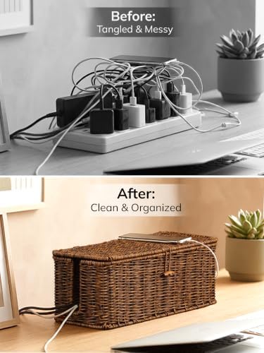 Cable Management Box, Cord Organizer with Lid & Cable Ties - Brown, L - Image 4
