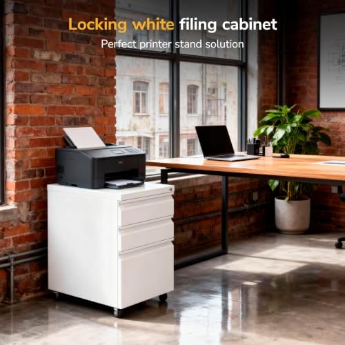 Mount-It! 3 Drawer File Cabinet with Lock and Wheels, Under Desk Storage Filing Pedestal for Home Office, No Assembly Small Rolling File Cabinet for Legal, Letter, and A4 Files in White - Image 6