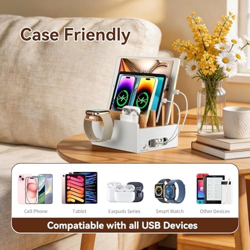Bamboo Charging Station with USB Charger&Cables-Natural+White - Image 2