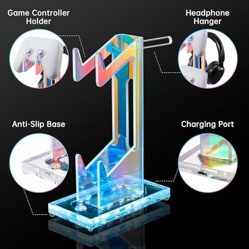 NiHome Controller Holder & Headphone Stand, LED Acrylic 2-Tier Gaming Desk - Image 4