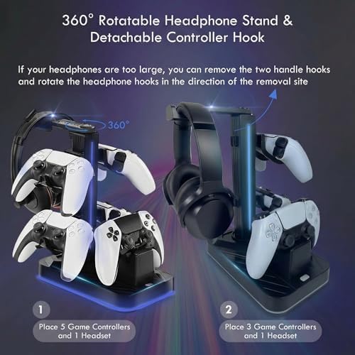 PS5 Controller Charger with Headphone Stand, RGB PS5 Controller Charging Station Dock with 3 USB Ports, Headset and Controllers Holder Stand for PlayStation 5 & DualSense Edge Controllers - Image 6