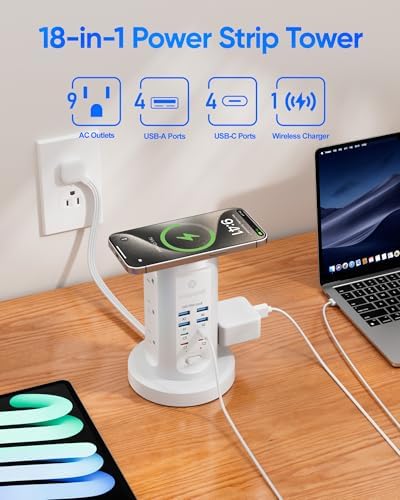 Power Strip Tower, kakyanill PD 65W Charging Station 9 AC Outlets 8 USB - Image 3