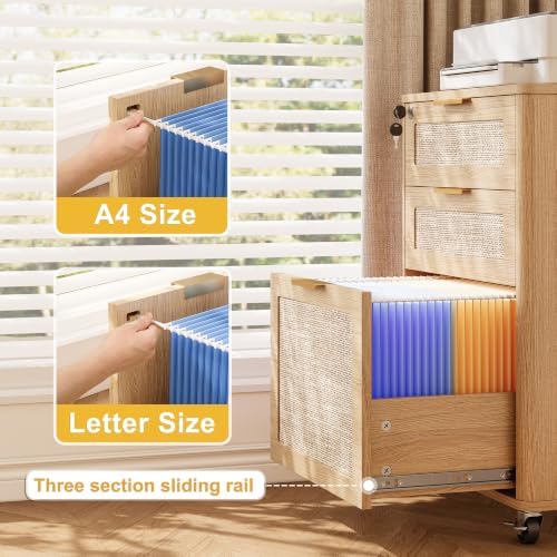 3 Drawers Rattan Mobile File Cabinet with Lock, Rolling File Cabinet Printer Stand Table, Under Desk Wooden Filing Cabinets for Home Office Essentials Storage Organization Furniture Letters/A4 - Image 3
