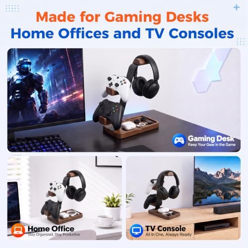 Aothia Beech Headphone Stand with Controller Holder & Storage Base, Brown - Image 5