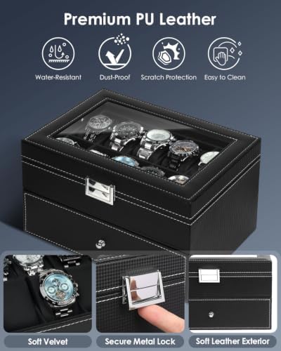 Mens Watch Box Jewelry Organizer, 2-Layer 20-Slot Watch Case -Black - Image 6