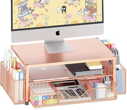 Desk Organizer and Accessories, 2-Tier Computer Monitor Stand Riser with Drawer and 2 Pen Holders, Laptop Stand, Office Desk Accessories for Office Supplies, Rose by OPNICE