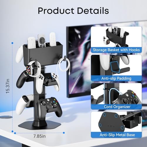 Headphone and Controller stand, Headphone Stand for Desk, PS5/PS4/Xbox/Switch Game Controller Holder, Gaming Headset Stand with Storage Box and Two Hooks for Remote Control Watch, Sega Genesis Consoles - Image 4