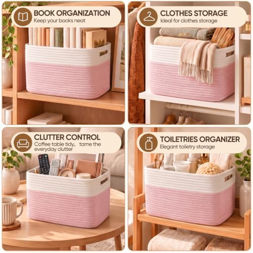 4 Pack Storage Baskets for Organizing, Woven Baskets for Shelves - Perfect for Toys, Books, Towels, and Clothes, Durable Gift Basket Bins Toy Storage, 13''Lx9''Wx7.8''H, Pink & White - Image 6
