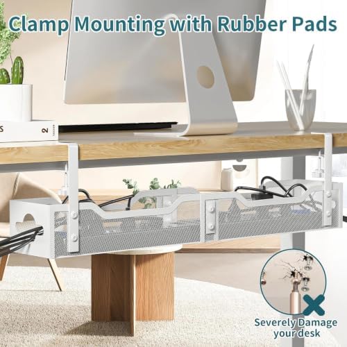Under Desk Cable Management Tray 32'', Cable Management Under Desk No Drill, Cable Organizer with Clamp for Wire Management, Cord Organizer for Office, Home - No Damage to Table (White) - Image 5