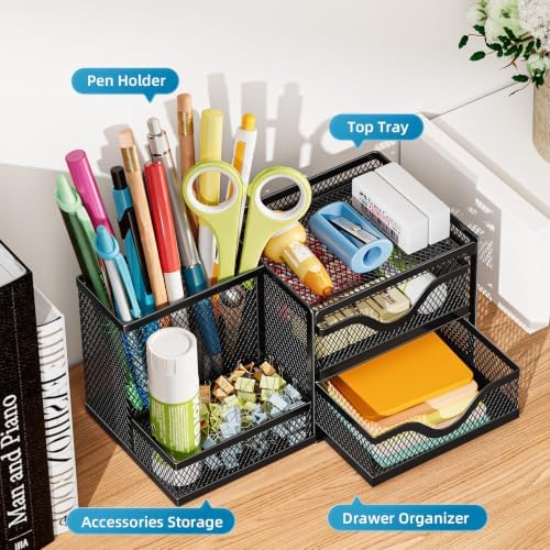 Marbrasse Mesh Pen Holder with 2 Drawers, Multi-Functional Pencil Organizer for Desk, Desk Organizers and Accessories with 3 Compartments + 2 Drawers for Office Art Supplies (Black) - Image 2