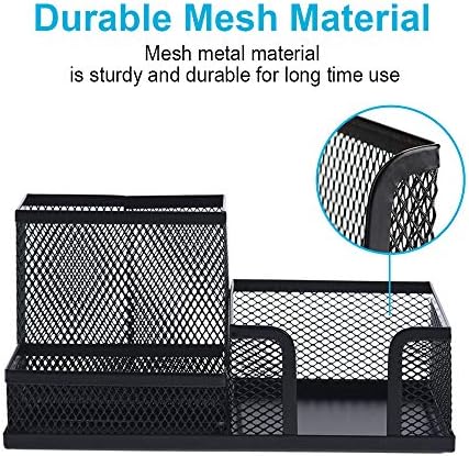 2-Piece Desk Pen & Pencil Organizer - Mesh Metal Pen Cup with Sticky Notes Holder, Black - Image 6