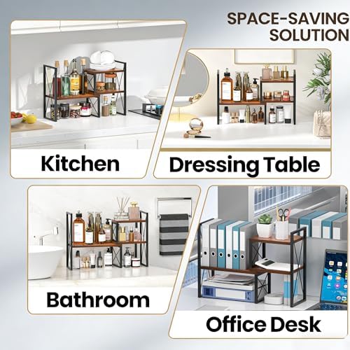 Expandable Desktop Shelf Organizer, 2 Tier Wood Desk Shelf for Office, Metal Corner Bookshelf, Countertop Storage Rack (Brown) - Image 5