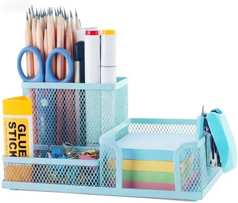 M&G Mesh Pen Holder Desk Organizers Pencil Holder for Desk Light Blue, 3 Compartments Metal Office Supply Organizer with Sticky Notes Holder for Home Office by MG