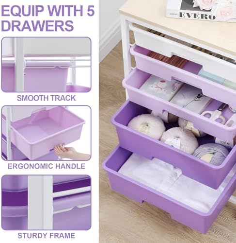 Utility Cart with 5 Drawers with Wooden Top,Purple - Image 4
