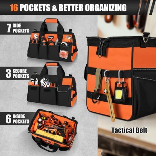15" Heavy Duty Tool Bag, 16-Pocket Tool Box Organizer Orange - Image 3