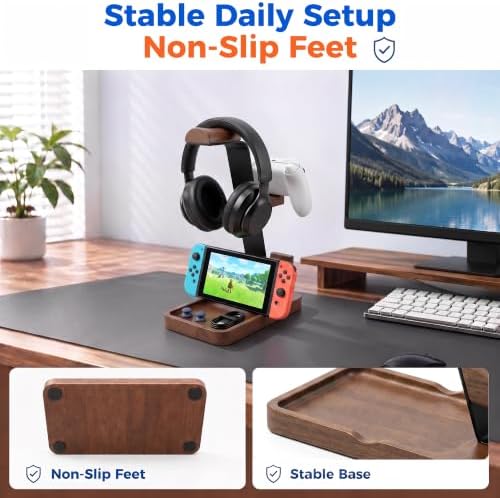 Aothia Beech Headphone Stand with Controller Holder & Storage Base, Brown - Image 6
