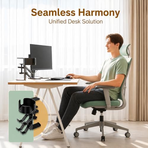 3-in-1 Desk Cup Holder, Clamp-on Drink Holder with Headphone Hanger and Dual Controller Stands, 360° Rotating Desk Organizer for Gaming Office Table - Image 3