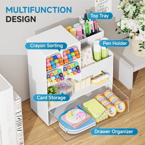 Marbrasse Plastic Pen Holder for Desk, Multi-Functional Desk Organizer Pencil Holder with Drawer, Desk Organizers and Accessories for Office Art Supplies(White) - Image 2