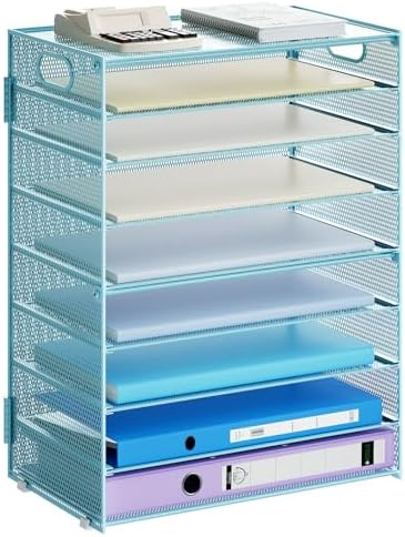 Marbrasse Paper Organizer Letter Tray, 9 Tier Mesh File Organizer with Handle, Paper Sorter Desk Organizer for Home Office Supplies - Blue by Marbrasse