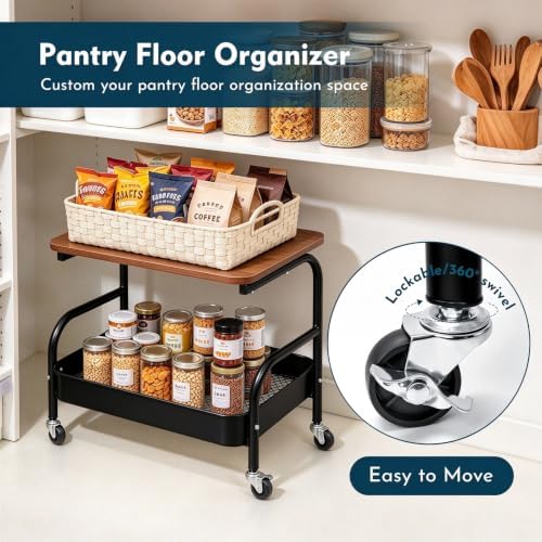 2 Tier Pantry Floor Organizer Short Utility Cart with Wheels Under Desk Storage, Metal Kitchen Storage with Table Top Small Printer Stand, Large Capacity Snack Craft Shelf Black Bedside Cart - Image 2