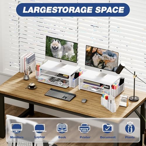 Desk Organizer and Accessories, 2-Tier Computer Monitor Stand Riser with Drawer and 2 Pen Holders, Laptop Stand, Office Desk Accessories for Office Supplies, White - Image 4