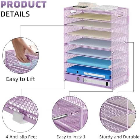 Marbrasse Paper Organizer Letter Tray, 9 Tier Mesh File Organizer with Handle, Paper Sorter Desk Organizer for Home Office Supplies - Purple - Image 3