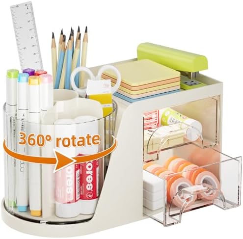 Marbrasse Desk Organizer with 2 Drawer, 360°Rotating Pen Holder, Desk Organizers and Accessories with 6 Slots Pencil Organizer + 2 Drawer, Art Supply Storage Box Caddy for Office (Beige) by Marbrasse