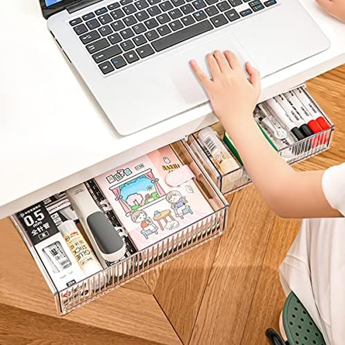 2Pcs Under Desk Storage Drawers Slide Out,Large&Medium,Stick On Drawers,Under Desk Organizer Hidden Under Table Drawer for Home Office School Organization and Storage-Clear White by TooCust