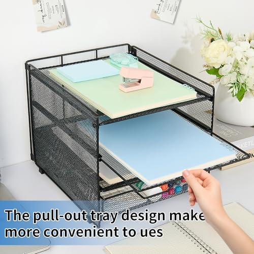 Desk Organizer, 4-Tier Desktop File Organizer with Drawer, Office Desk Accessories, File Sorters, Workspace Organizers for Office Supplies(Black Upgraded) - Image 5