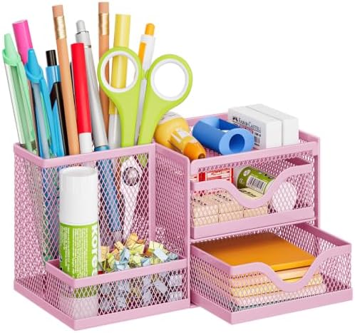 Marbrasse Mesh Pen Holder with 2 Drawers, Multi-Functional Pencil Organizer for Desk, Desk Organizers and Accessories with 3 Compartments + 2 Drawers for Office Art Supplies (Pink) by Marbrasse