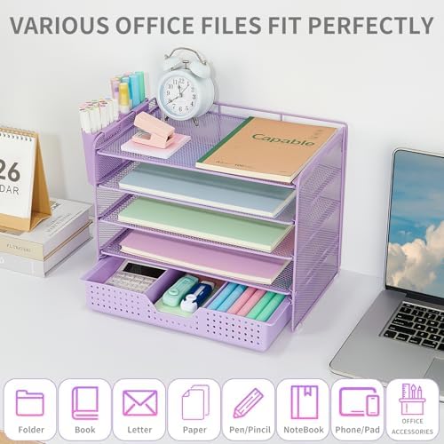 Desk Organizers and Accessories, 5-Tier Paper Letter Tray Organizer with Drawer & 2 Pen Holders, Desktop Organizer for Office Supplies (Purple) - Image 4