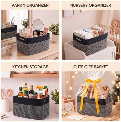 4 Pack Storage Baskets for Organizing, Woven Baskets for Shelves - Perfect for Toys, Books, Towels, and Clothes, Durable Gift Basket Bins Toy Storage, 13''Lx9''Wx7.8''H, Dark Grey and Black - Image 7