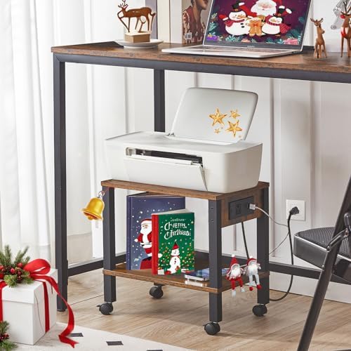HOOBRO 2-Tier Printer Stand with Charging Station, Under Desk Printer Table, Printer Cart with Storage Shelves, Shelf for Small Spaces, for Home Office, Rustic Brown and Black BF38UPS01 - Image 2