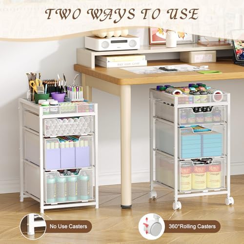 Rolling Utility Cart with 3 Drawers, Craft Organizer and Storage with DIY Divider, Lockable Wheels, Multi-Functional Storage for Art Supplies, Store for Brushes & Paints & Artifacts,White - Image 5