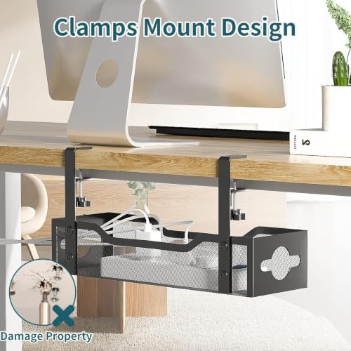 Under Desk Cable Management Tray Black, Litwaro Cable Management Under Desk No Drill, Cable Organizer with Clamp for Wire Management, Cord Organizer No Damage to Desk for Office, Home - Image 2